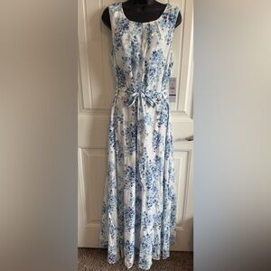 NWT Floral Blue & White Maxi Dress with Tie Waist